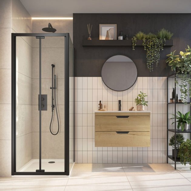 Scudo Bifold 800mm Semi Frameless Shower Door 6mm Glass - Black - S6 - BLKGLASS023 - TAP 'N' SHOWER
