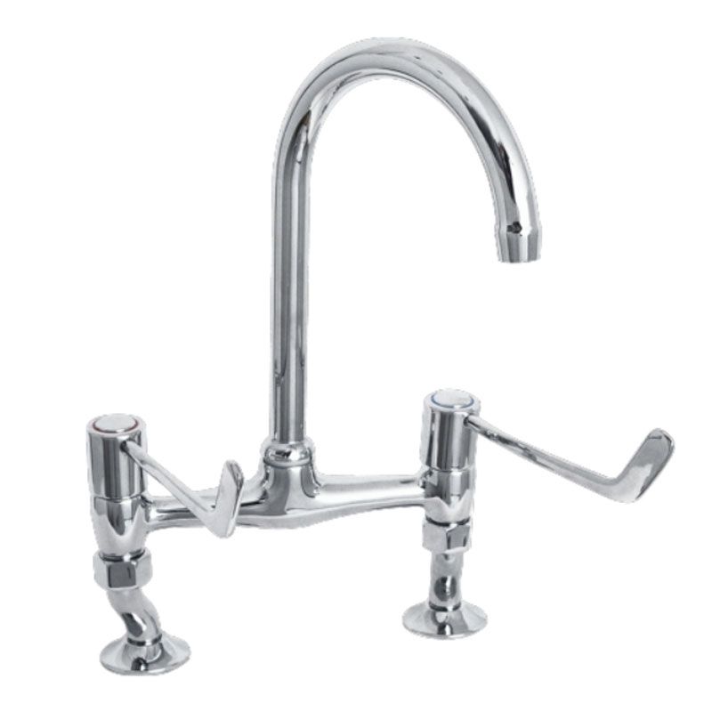 KWC DVS Lever Operated Kitchen Mixer Tap in chrome with dual lever handles and high arc swivel spout