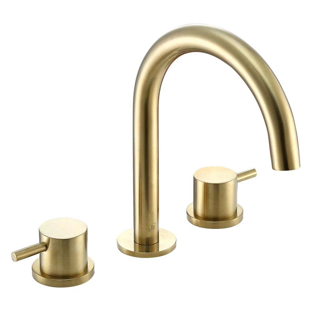 JTP Vos 3 Hole Deck Mounted brushed brass basin mixer with modern sleek design and ceramic disc technology