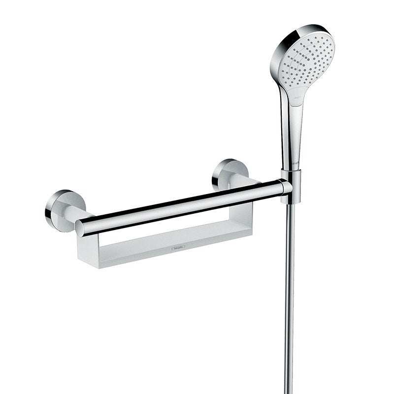 Hansgrohe Unica Grab Rail with white/chrome finish, built-in shelf, and adjustable shower holder for safety and convenience in the bathroom.