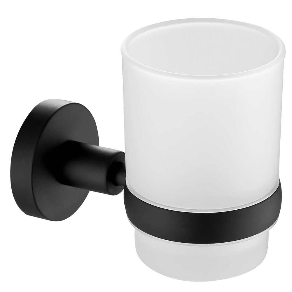 JTP Vos Tumbler and Holder Matt Black wall-mounted bathroom accessory with frosted glass tumbler and metal bracket