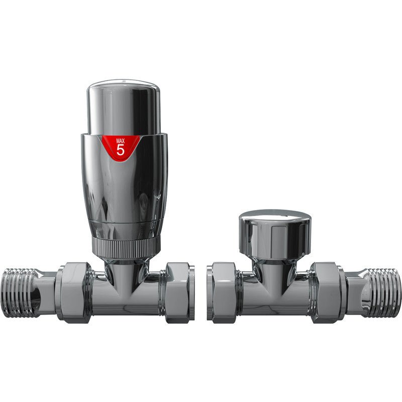 Cassellie Thermostatic Chrome Straight Radiator Valve Pack with Lockshield - RVA017 - TAP 'N' SHOWER