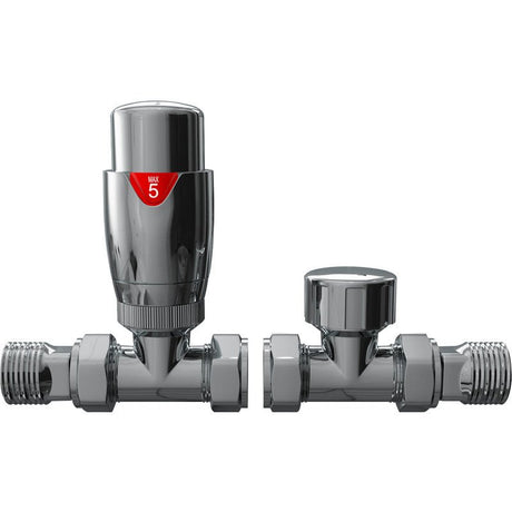 Cassellie Thermostatic Chrome Straight Radiator Valve Pack with Lockshield - RVA017 - TAP 'N' SHOWER