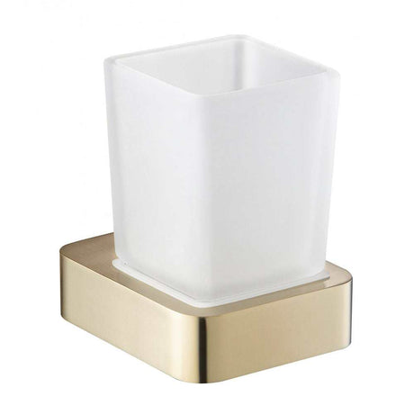 JTP Hix Tumbler & Holder in brushed brass with white frosted glass tumbler, wall-mounted bathroom accessory