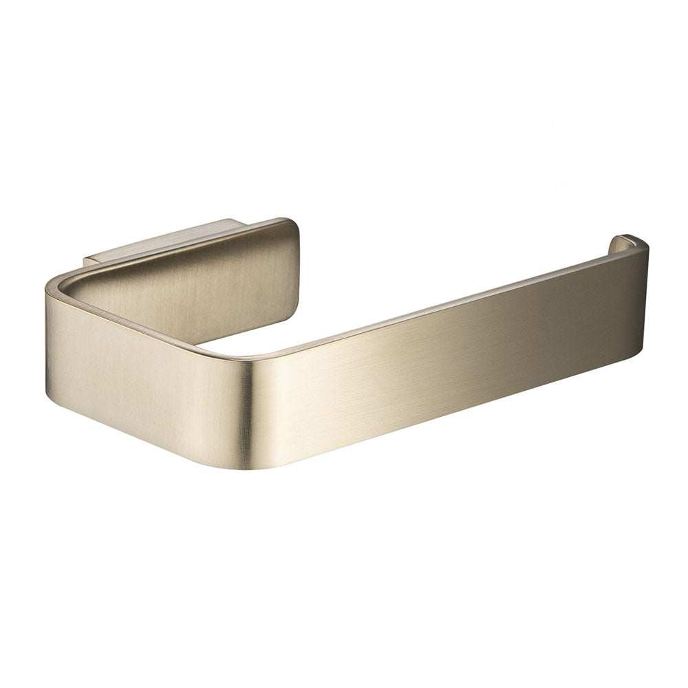 JTP Hix Toilet Roll Holder in brushed brass with sleek, durable, corrosion-resistant design for modern and traditional bathrooms