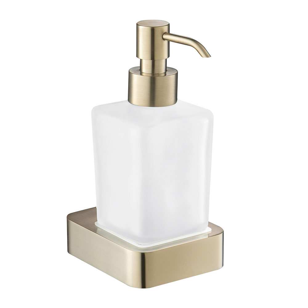 JTP Hix Soap Dispenser in brushed brass with frosted glass and contemporary pump design