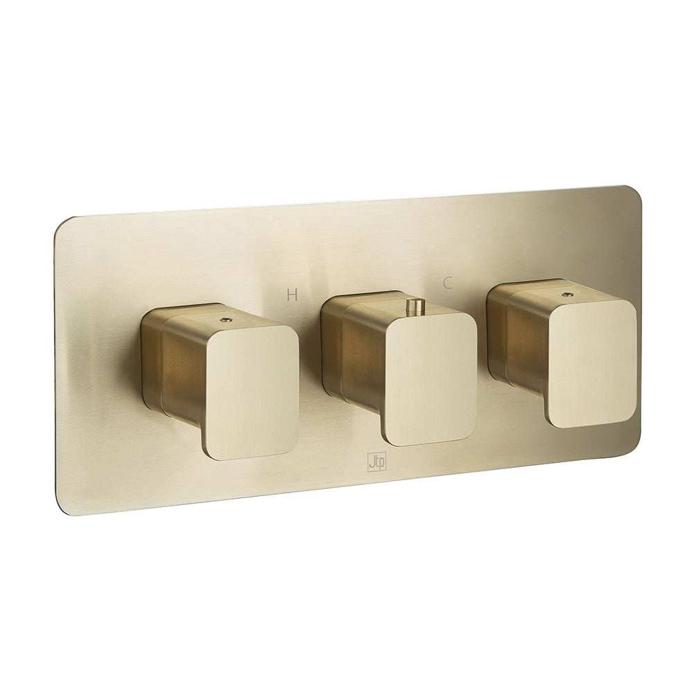 JTP Hix triple outlet thermostatic concealed brushed brass horizontal shower valve with three square knobs