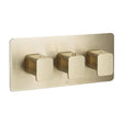 JTP Hix triple outlet thermostatic concealed brushed brass horizontal shower valve with three square knobs