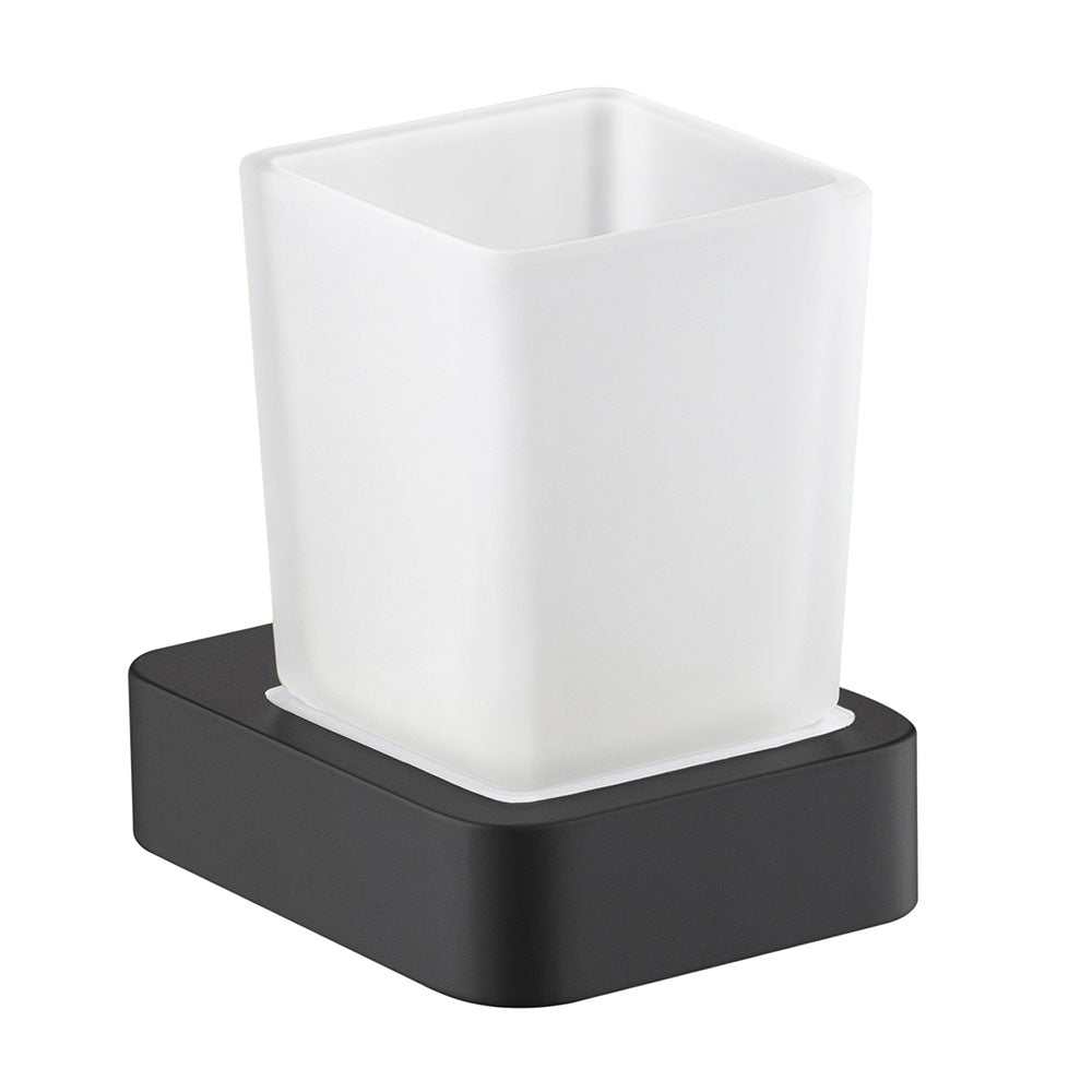 JTP Hix Tumbler and Holder in sleek matt black with a white tumbler for organized bathroom storage