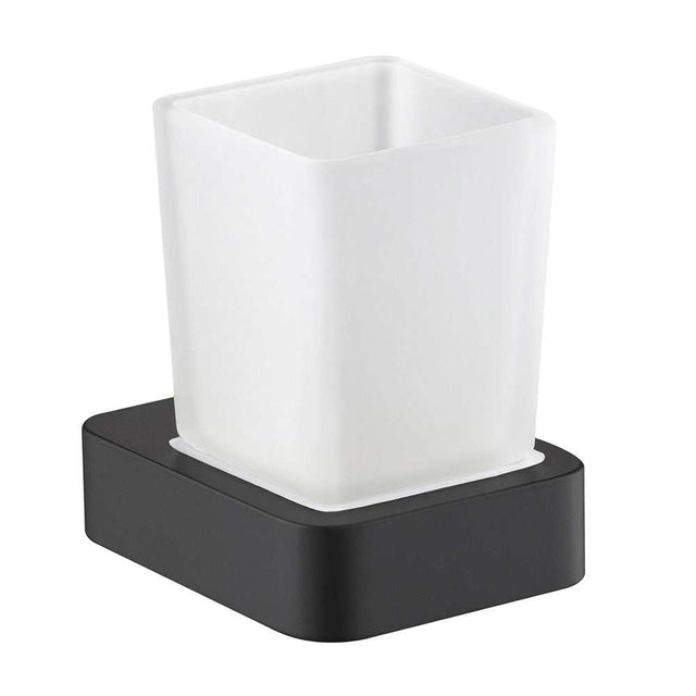 JTP Hix Tumbler and Holder in sleek matt black with a white tumbler for organized bathroom storage