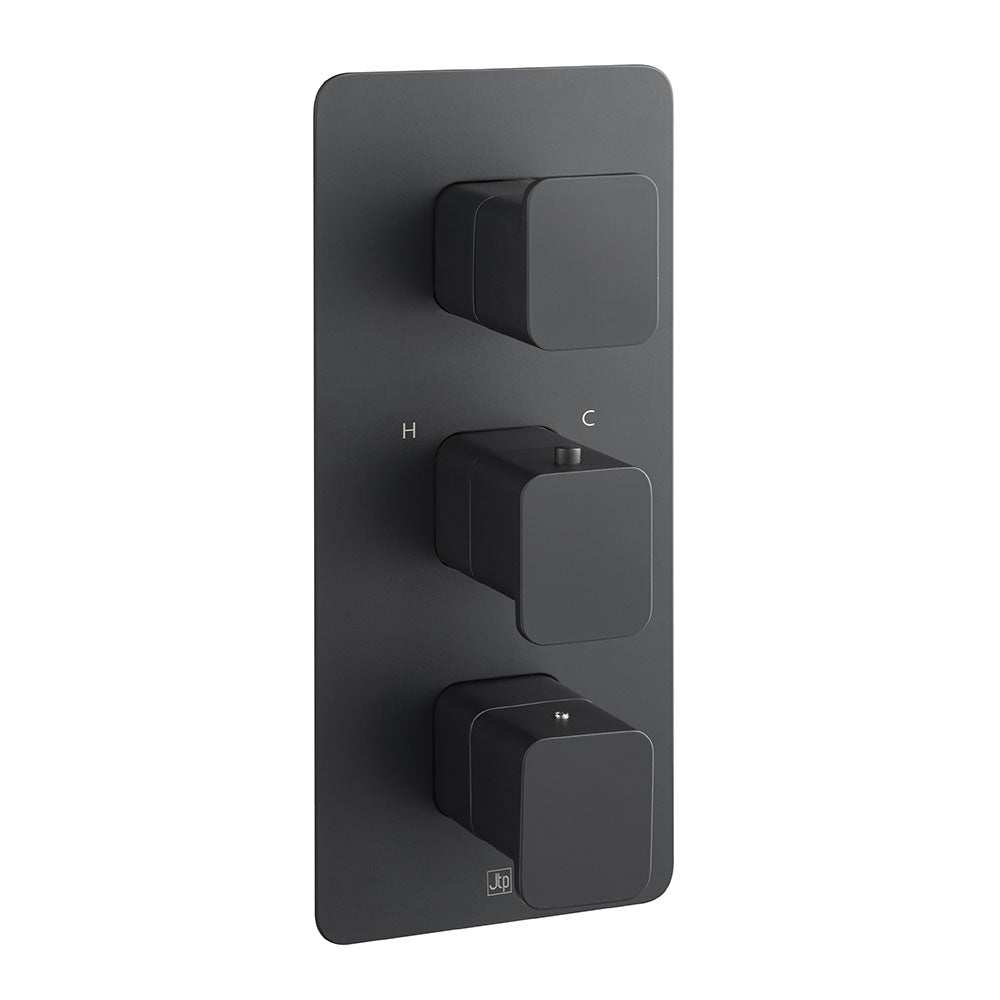 JTP Hix Twin Outlet thermostatic concealed shower valve in matt black with vertical rectangular design