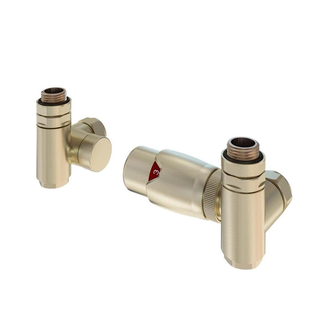 Eastbrook Corner Dual Fuel TRV & Lockshield Valve 15mm - Brushed Brass - 41.0608 - TAP 'N' SHOWER