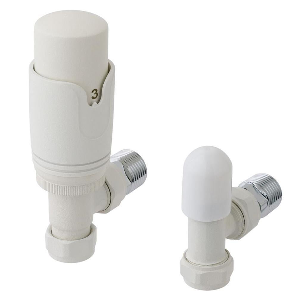 Eastbrook Angled Thermostatic Radiator Valves and Lockshield 15mm - Matt White - 41.3023 - TAP 'N' SHOWER