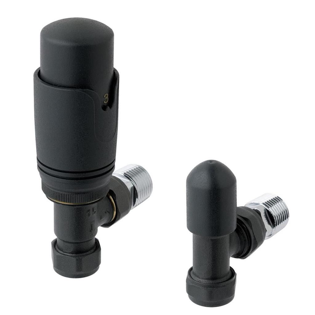 Eastbrook Angled Thermostatic Radiator Valves and Lockshield 15mm - Matt Anthracite - 41.3024 - TAP 'N' SHOWER