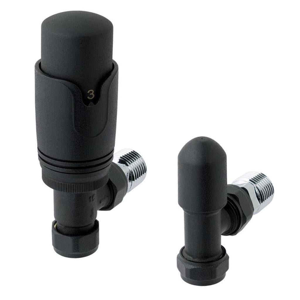 Eastbrook Angled Thermostatic Radiator Valves and Lockshield 15mm - Matt Black - 41.3025 - TAP 'N' SHOWER