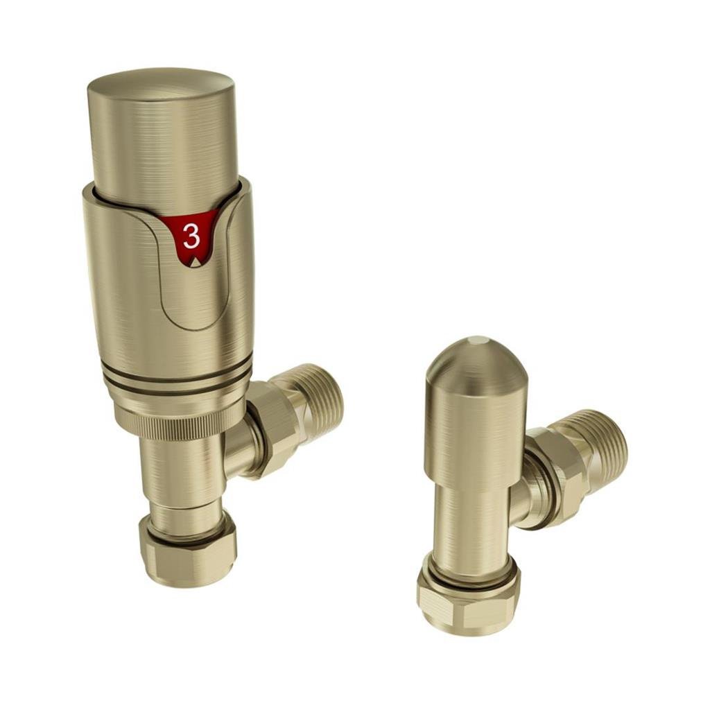 Eastbrook Angled Thermostatic Radiator Valves and Lockshield 15mm - Brushed Brass - 41.3036 - TAP 'N' SHOWER