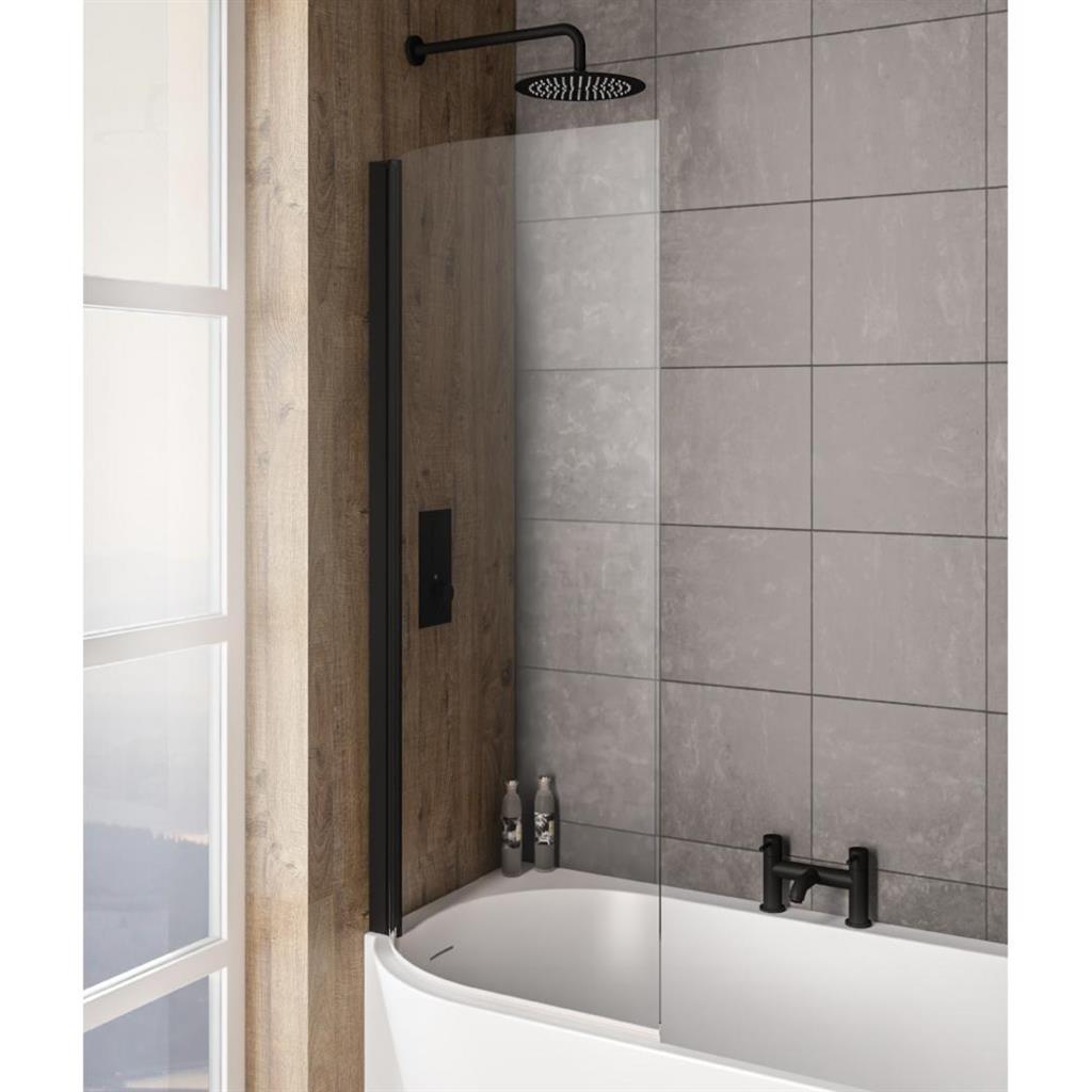 Eastbrook Bray 6mm Curved Hinged Bath Screen Left Hand 1400mm x 730mm - Matt Black - 49.2015 - TAP 'N' SHOWER