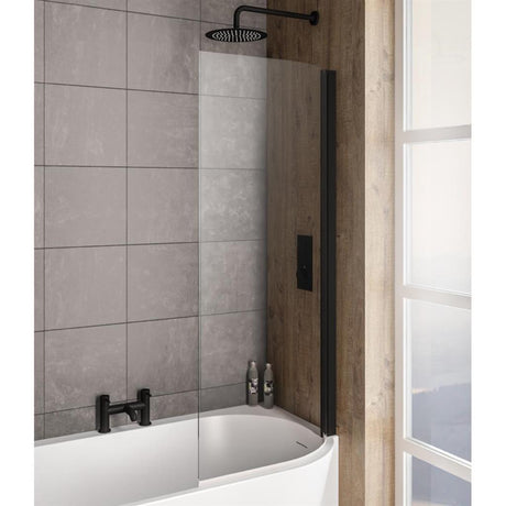 Eastbrook Bray 6mm Curved Hinged Bath Screen Right Hand 1400mm x 730mm - Matt Black - 49.2018 - TAP 'N' SHOWER