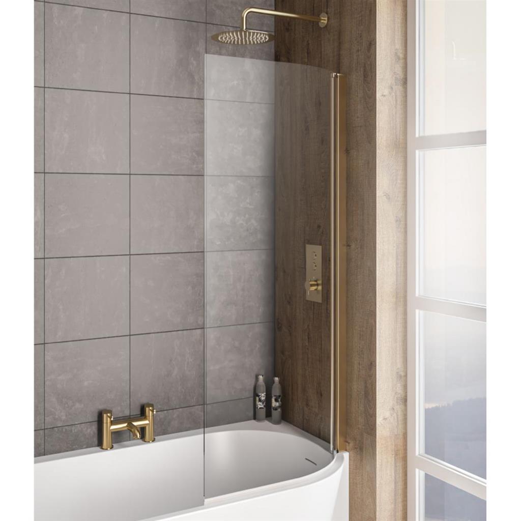 Eastbrook Bray 6mm Curved Hinged Bath Screen Right Hand 1400mm x 730mm - Brushed Brass - 49.2019 - TAP 'N' SHOWER