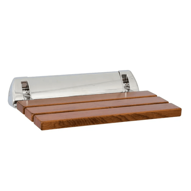 Bathex Distinction Teak Wood Slatted Shower Seat with Mirror Polish Stainless Steel Backplate - Wood & Mirror Polish - 49905 - TAP 'N' SHOWER