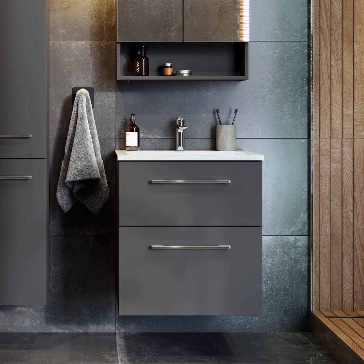 Geberit Selnova Two Drawer Slim - Rim Basin & Cabinet Set 600mm - Lava - 501.237.00.1 - TAP 'N' SHOWER