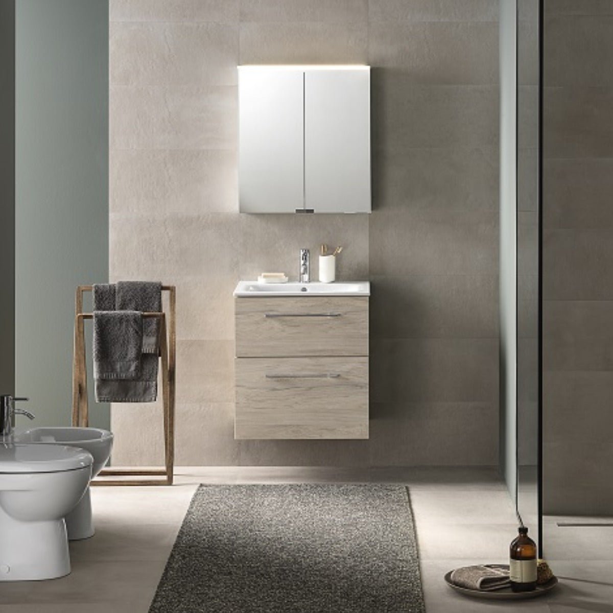 Geberit Selnova Two Drawer Slim - Rim Basin & Cabinet Set 600mm - Light Hickory - 501.239.00.1 - TAP 'N' SHOWER