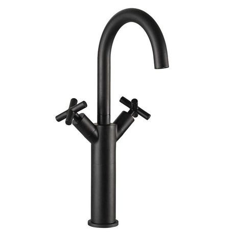 JTP Solex Tall Swivel Spout matte black basin mixer with dual handles and curved spout