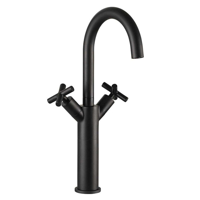 JTP Solex Tall Swivel Spout matte black basin mixer with dual handles and curved spout