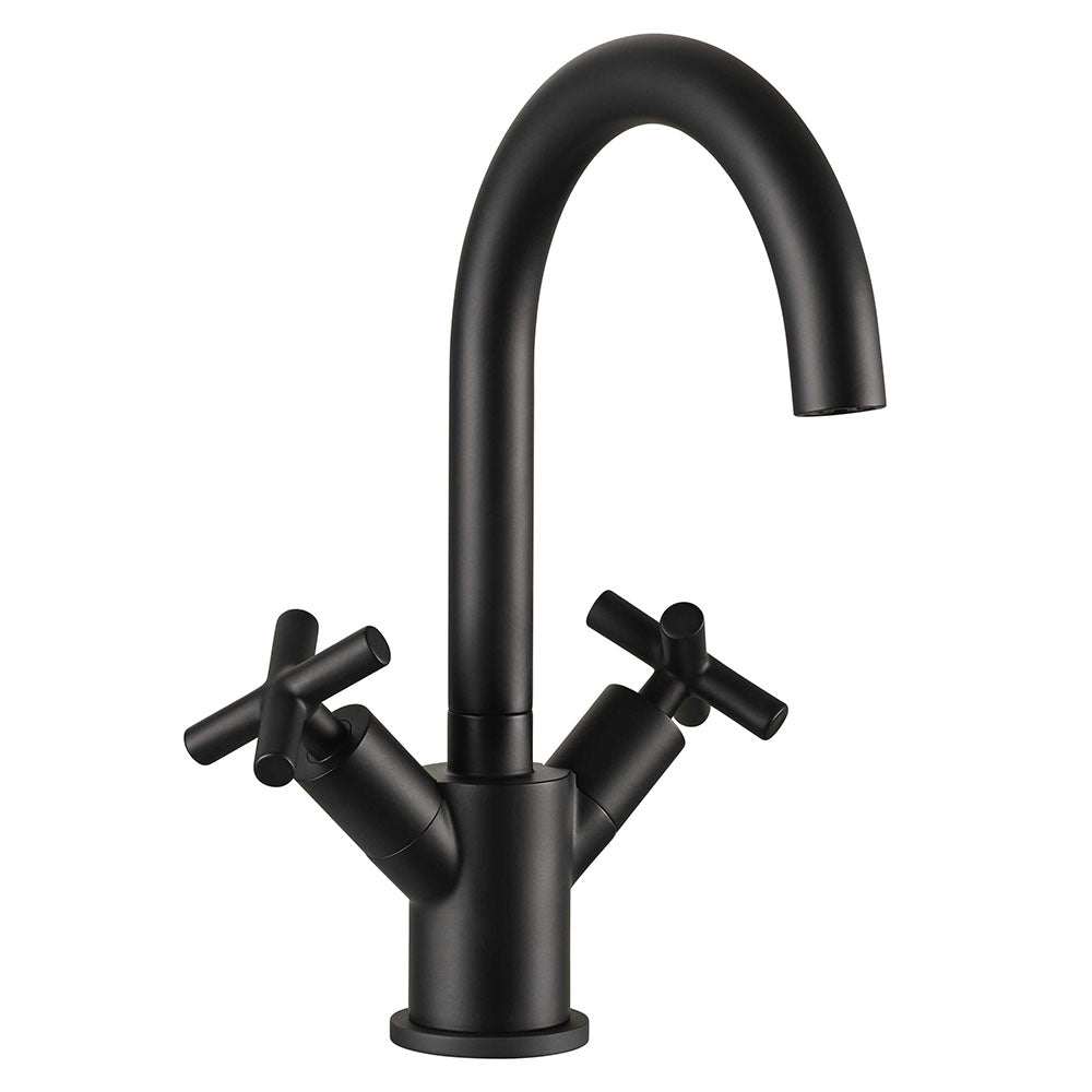 JTP Solex Swivel Spout matt black basin mixer with dual handles and curved spout for modern bathroom design