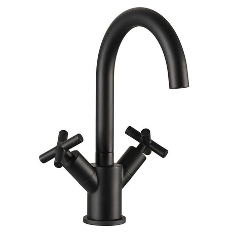 JTP Solex Swivel Spout matt black basin mixer with dual handles and curved spout for modern bathroom design