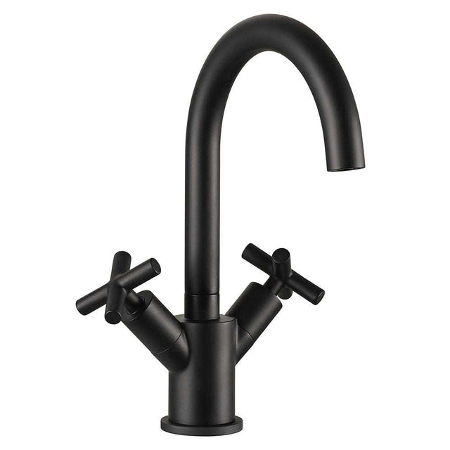 JTP Solex Swivel Spout matt black basin mixer with dual handles and curved spout for modern bathroom design