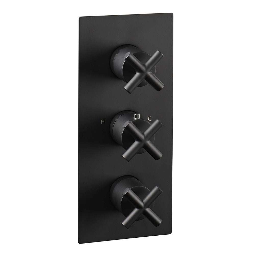 JTP Solex Twin Outlet Thermostatic concealed matt black shower valve with vertical design and three cross handles