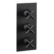 JTP Solex Twin Outlet Thermostatic concealed matt black shower valve with vertical design and three cross handles