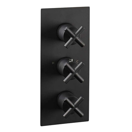 JTP Solex Twin Outlet Thermostatic concealed matt black shower valve with vertical design and three cross handles