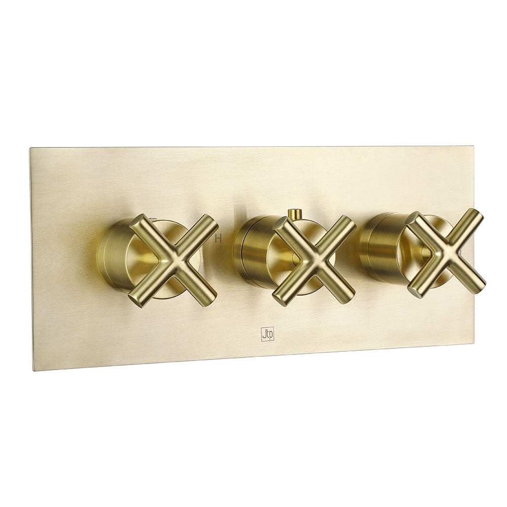 JTP Solex Triple Outlet thermostatic concealed shower valve in brushed brass with horizontal design