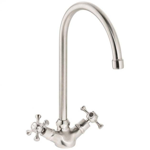 Abode Burford Monobloc brushed nickel kitchen sink mixer tap with dual handles and high-quality finish