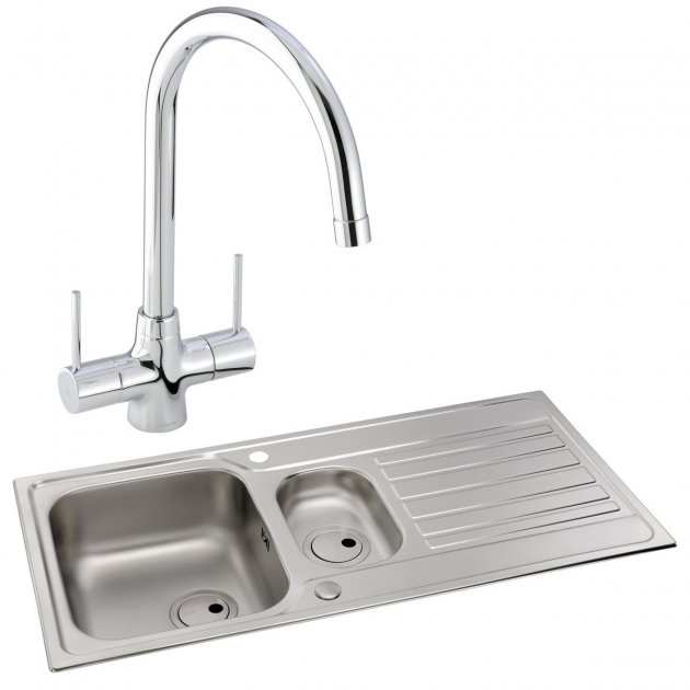 Abode Connekt 1.5 bowl stainless steel inset kitchen sink with Nexa chrome sink tap and dual lever handles