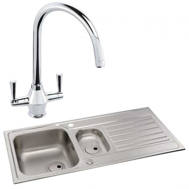 Abode Connekt 1.5 bowl stainless steel inset kitchen sink with dual-handle Astral tap and integrated drainer plate