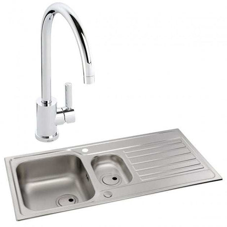 Abode Connekt 1.5 stainless steel inset kitchen sink with Atlas tap, featuring dual bowls and drainer, 1000mm x 500mm