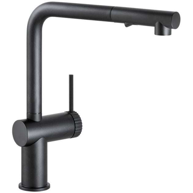 Abode Fraction Pull Out matt black kitchen sink mixer tap with single lever and durable modern design