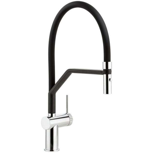Abode Fraction Semi-Professional chrome kitchen sink mixer tap with pull-out spray and black high-arc hose
