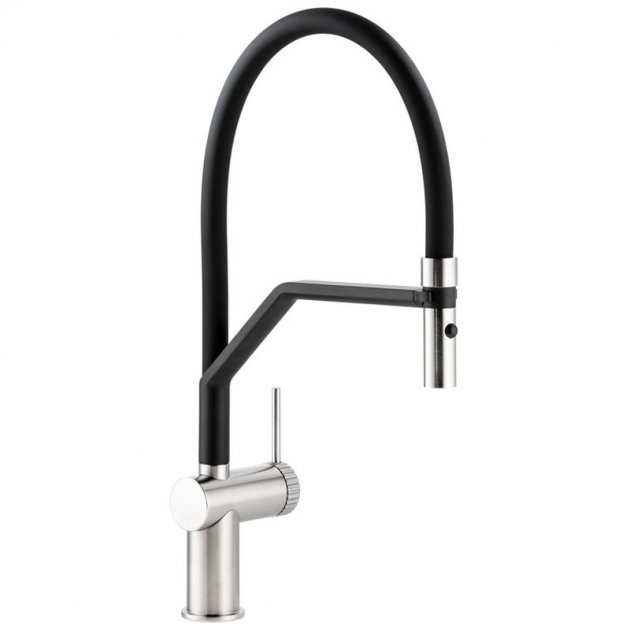 Abode Fraction Semi Professional brushed nickel pull-out kitchen sink mixer tap with spray and flexible black hose
