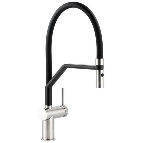 Abode Fraction Semi Professional brushed nickel pull-out kitchen sink mixer tap with spray and flexible black hose