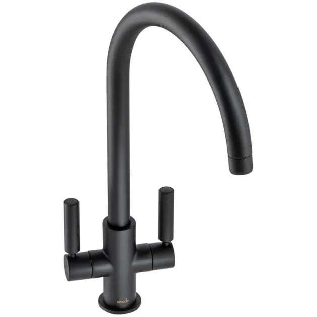 Abode Globe Monobloc matt black kitchen sink mixer tap with dual lever handles and curved spout