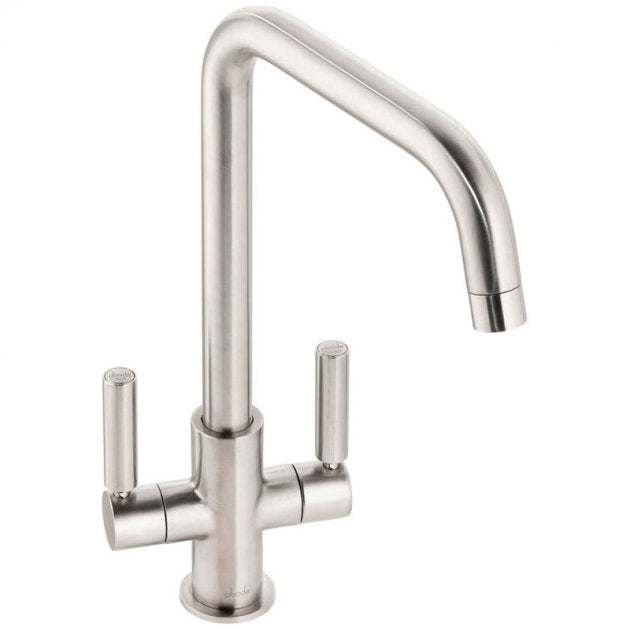 Abode Globe Quad brushed nickel monobloc kitchen sink mixer tap with dual handles and modern finish