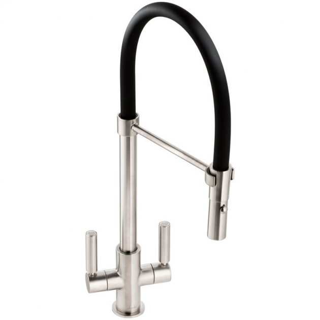 Abode Globe Professional pull out brushed nickel kitchen sink mixer tap with dual lever design and flexible black spout