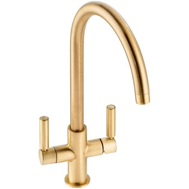 Abode Globe Aquifier brushed brass kitchen sink mixer tap with dual handles and curved spout