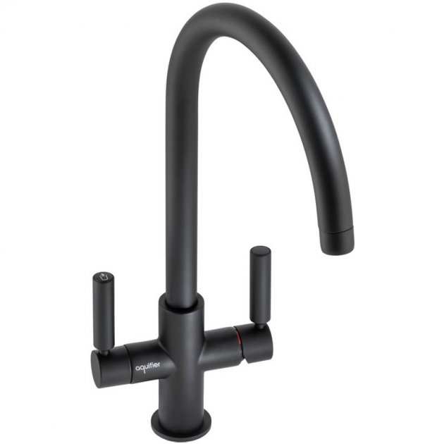 Abode Globe Aquifier matt black kitchen sink mixer tap with dual lever handles and curved spout