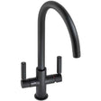 Abode Globe Aquifier matt black kitchen sink mixer tap with dual lever handles and curved spout