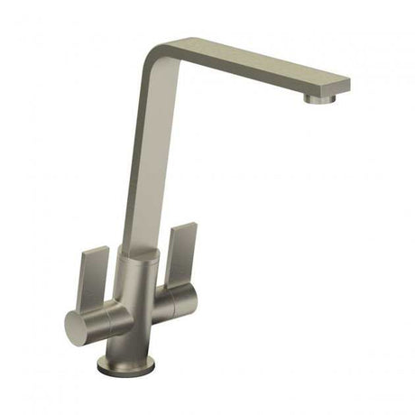 Abode Linear Flair brushed nickel dual lever kitchen sink mixer tap with modern design